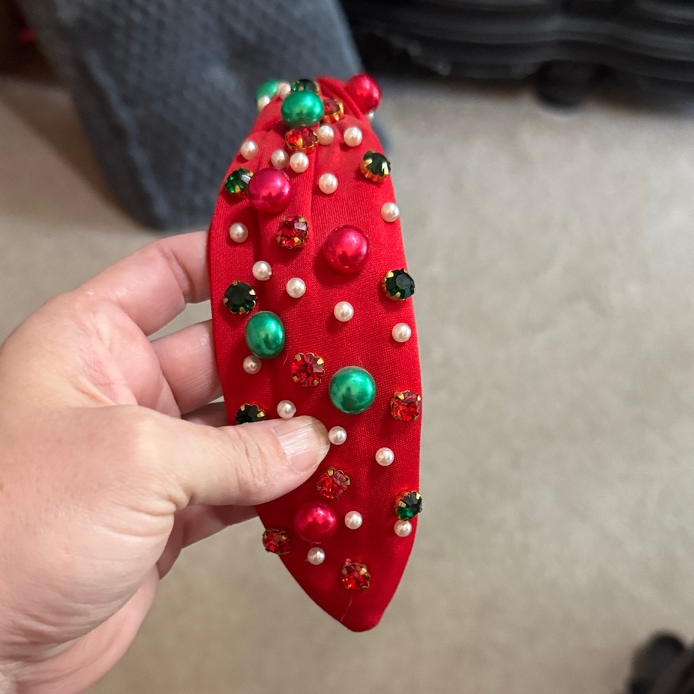 Embellished Red Holiday Headband with Pearls & Gems